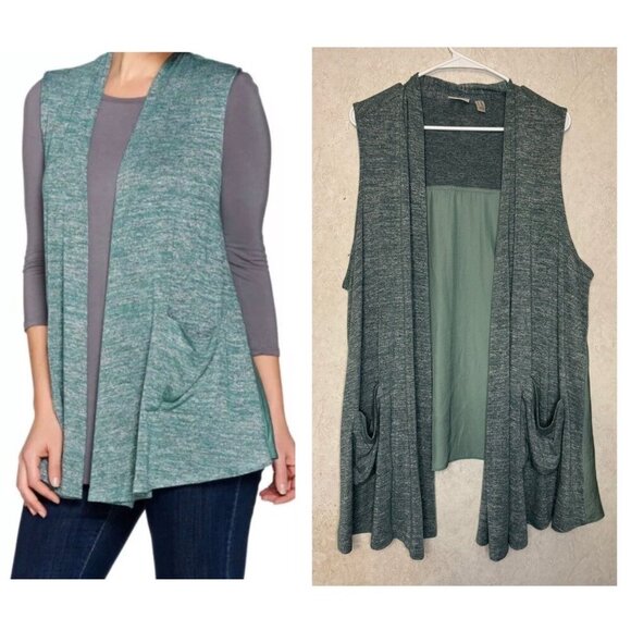 LOGO by Lori Goldstein Women's Green Space Dye Knit Vest w/ Satin Trim Size 2X - Picture 1 of 7